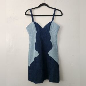 Understated Leather Cotton Denim Two Tone Back Zip Mini Dress XS